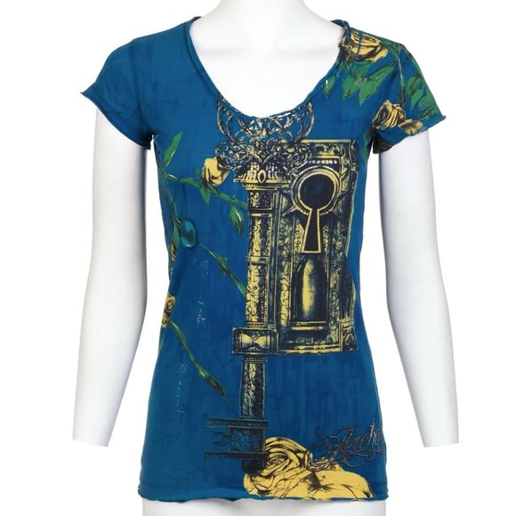 Archaic Affliction Women's T-Shirt Short Sleeve MY GIRL Tattoo Herat Biker Blue - Picture 6 of 7